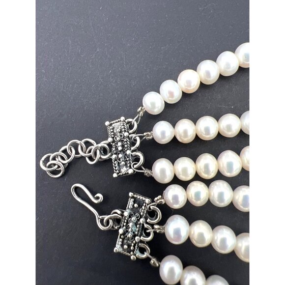 Vintage 3-Strand Glass Pearl Necklace Sterling Silver 925 Clasp Ornate Spacers - Picture 8 of 12